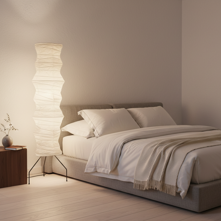 Lámpara de pie WabiSabi de formas orgánicas, estilo japonés moderno. Crea un ambiente relajante y acogedor.