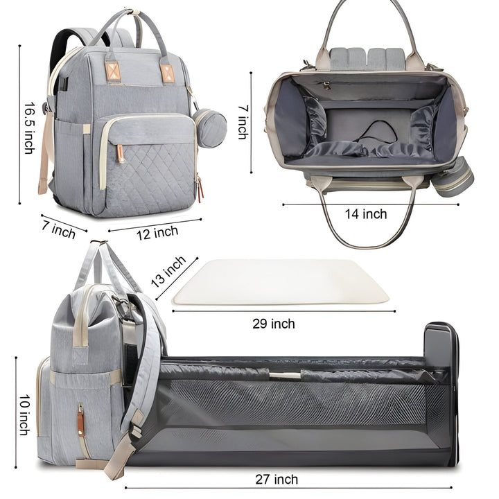 Mochila cambiador de pañales y cuna para bebé, solución completa para el cuidado y descanso infantil.
