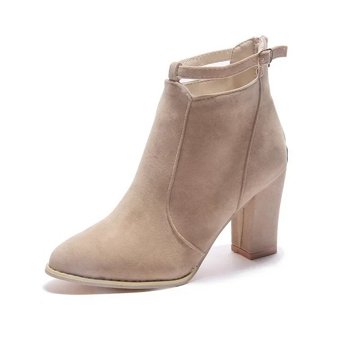 Botines mujer con tacón bloque, hebilla; versátiles para moda otoño/invierno.