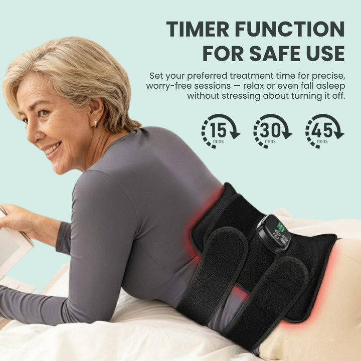 Dispositivo de terapia de luz roja para aliviar dolor muscular y articular, con modo de vibración.