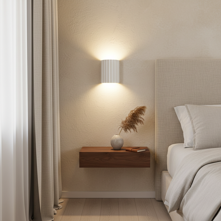 Aplique de pared Stria minimalista, perfecto para decorar dormitorios y salones con estilo Japandi.