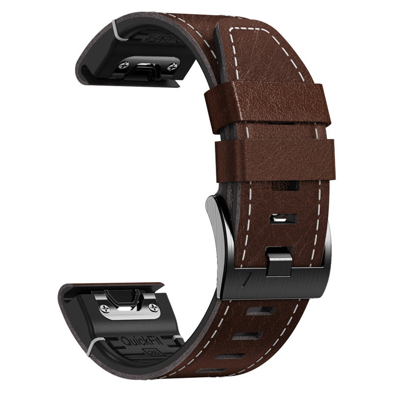 Correa de reloj híbrida cuero y silicona, disponible en negro, marrón claro y oscuro, ideal para tu reloj deportivo.