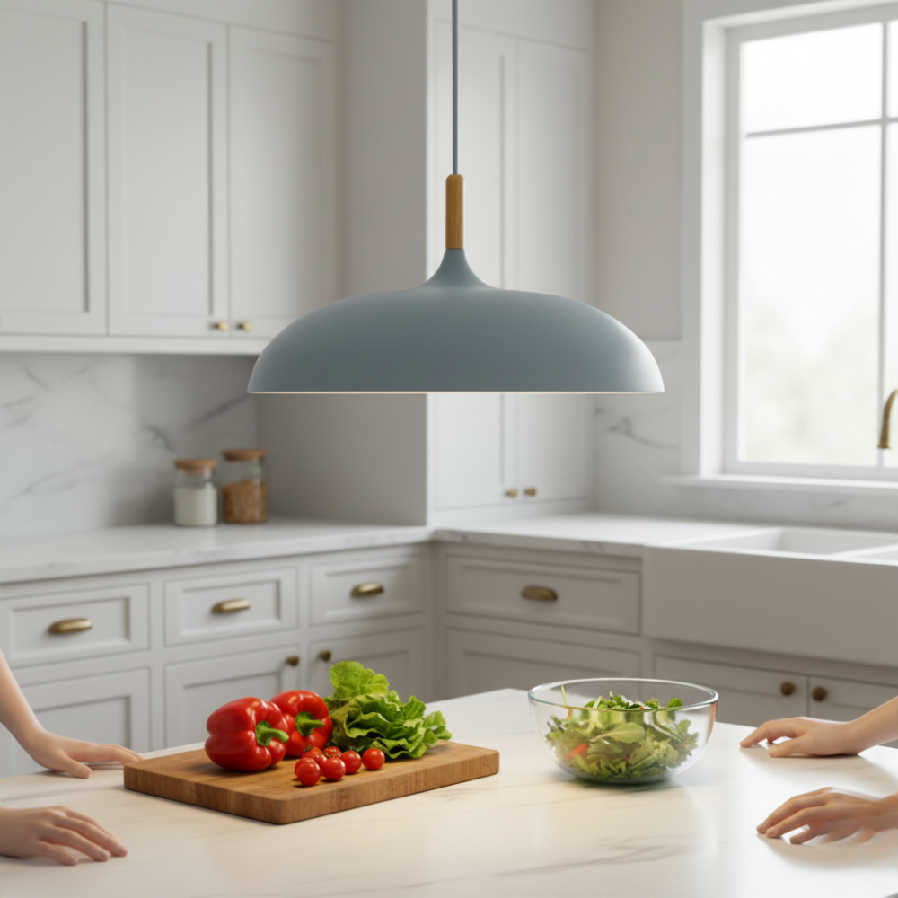 Iluminación de cocina y comedor. Lámpara colgante moderna, estilo nórdico, decoración funcional.
