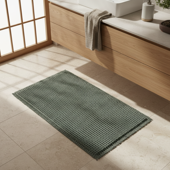 Alfombrilla absorbente de agua, diseño waffle moderno, con borlas decorativas para el baño.