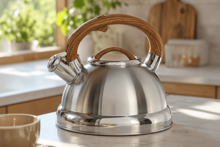Hervidor de acero inoxidable premium con silbato, ideal para cocina de gas e inducción.