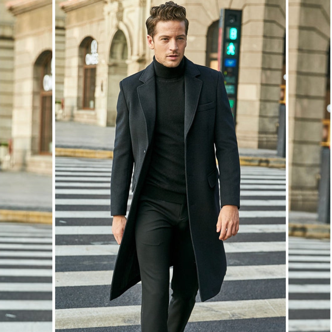 Abrigo largo de caballero con corte clásico, estilo impecable para ropa de invierno y ocasiones formales.