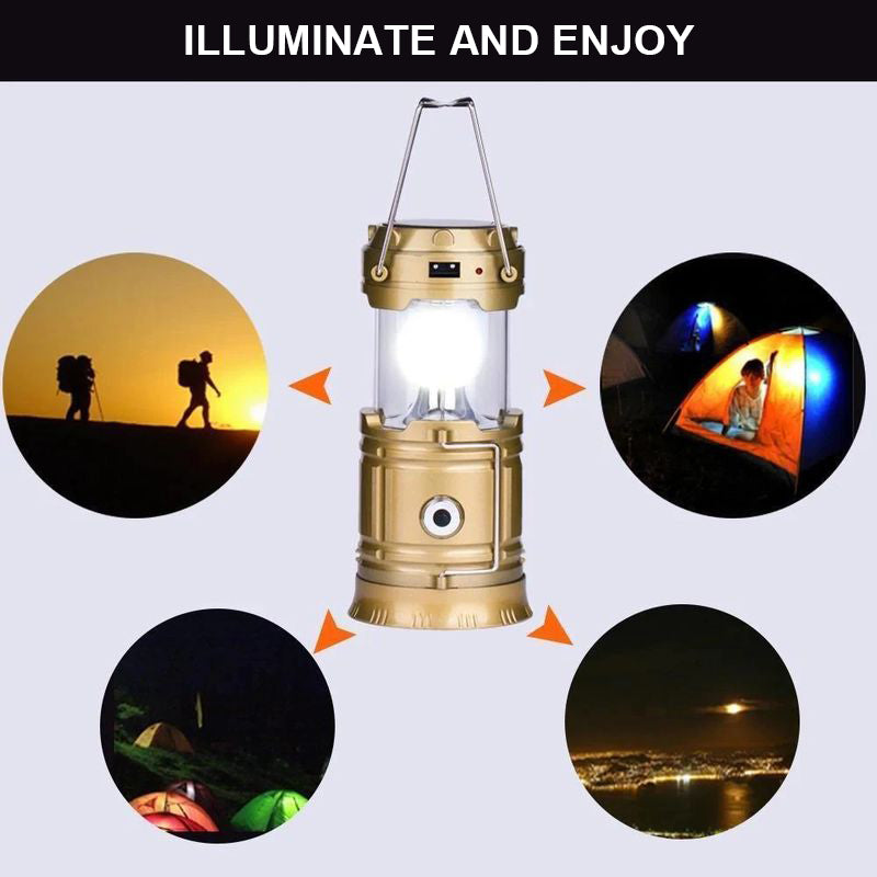 Lámpara LED de camping portátil con asa, ideal para colgar en tiendas o usar como linterna exterior.