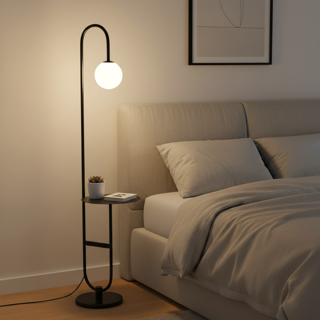 Elegante lámpara de pie dorada, estilo nórdico, con mesa integrada para sala o dormitorio.