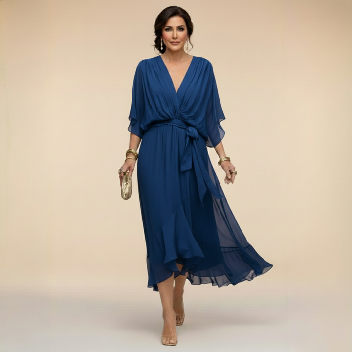 Vestido midi elegante con escote V pronunciado y cintura ajustable, diseño fluido que realza la silueta femenina.