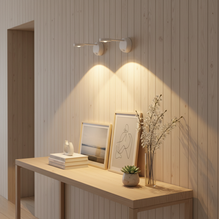 Luz de pared LED inalámbrica activada por movimiento; diseño moderno, recargable y perfecta para seguridad en casa.
