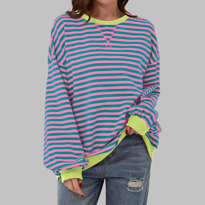 Prenda de moda: sudadera de rayas para mujer con cuello redondo y manga larga.