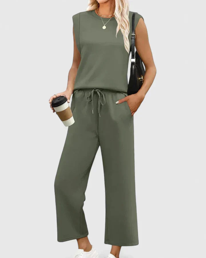Conjunto de verano cómodo para mujer, dos piezas: top sin mangas y pantalón ancho fluido, casual.