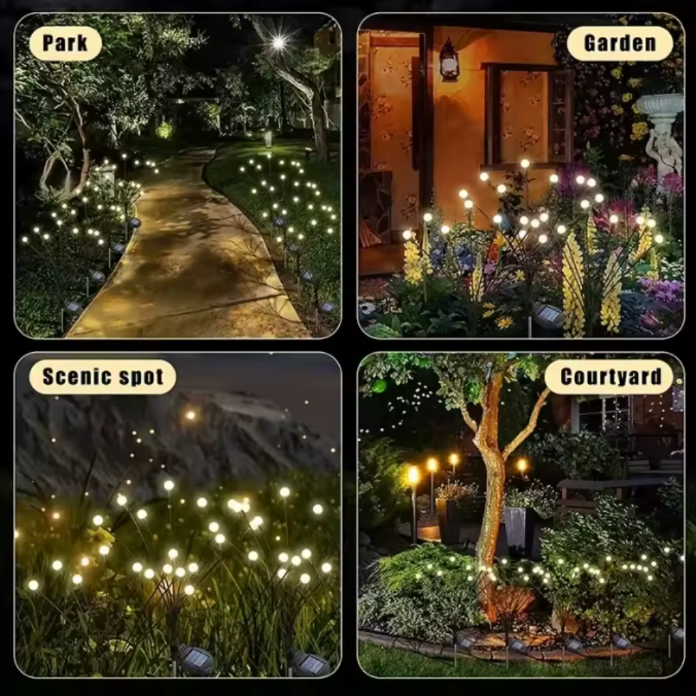 Estaca de luz solar Firefly en el césped. Lista para iluminar y decorar tu jardín con energía solar limpia.