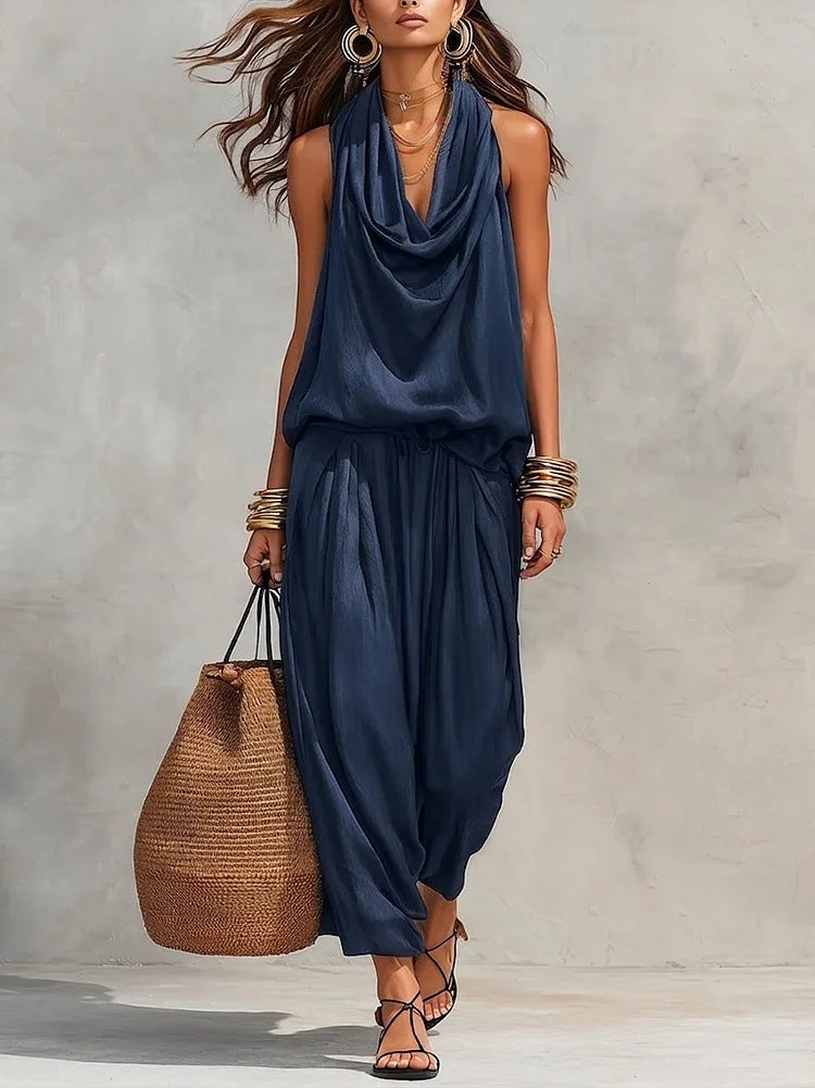 Conjunto fluido cómodo mujer, top drapeado moderno y pantalón amplio, perfecto para verano casual.
