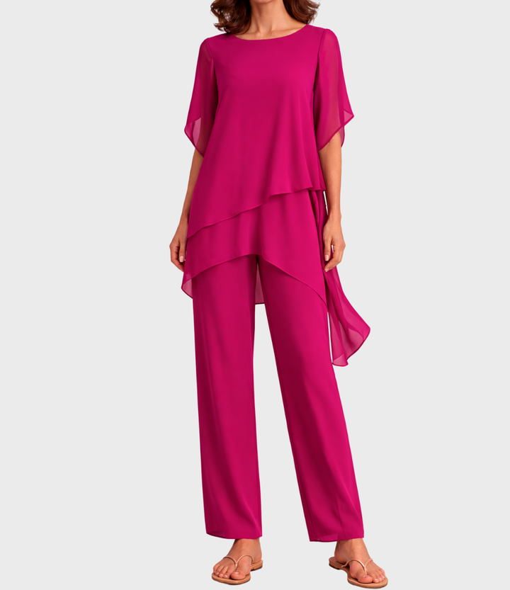 Pantalón palazzo de pierna ancha y top a juego para mujer, creando un conjunto cómodo y de moda casual.