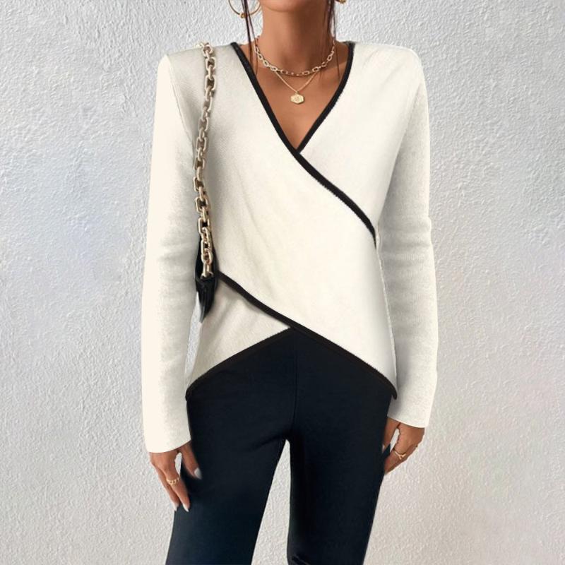 Jersey cruzado de punto blanco para mujer con ribetes de contraste, estilo elegante y cómodo para primavera-otoño.