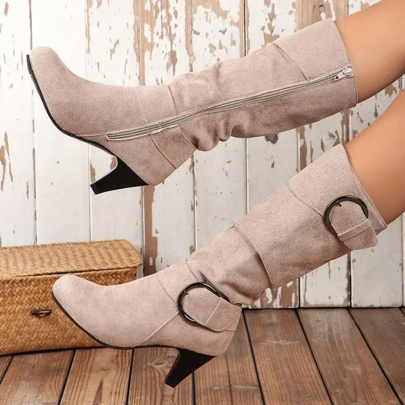 Botas altas de moda para mujer, perfectas para invierno, puntera redonda y tacón bajo.