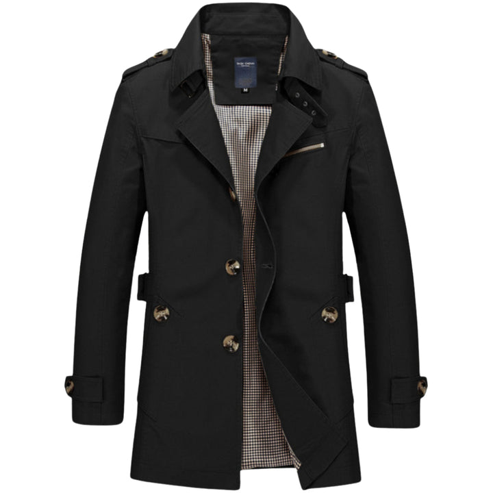 Moderna gabardina hombre estilo militar, impermeable con diseño de abrigo clásico y bolsillo funcional para seguridad.