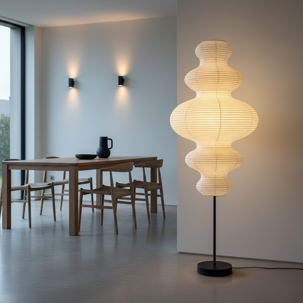 Lámpara decorativa Akari Jun. Iluminación escultural con toque minimalista y estilo japandi para hogar.