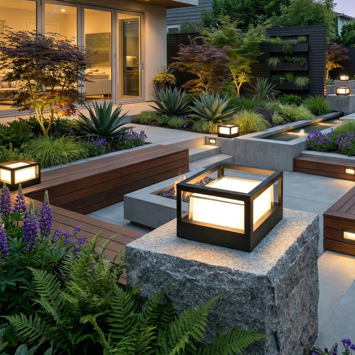 Luminaria LED moderna para exteriores, ideal para jardines y terrazas.