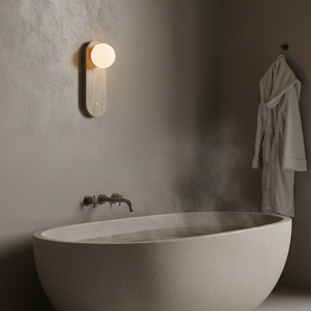 Diseño de interior: lámpara de pared Wabi-Sabi minimalista con luz cálida, un aplique LED para el hogar.