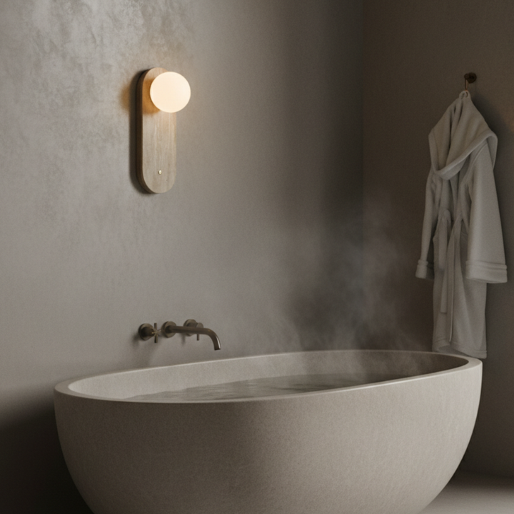 Diseño de interior: lámpara de pared Wabi-Sabi minimalista con luz cálida, un aplique LED para el hogar.