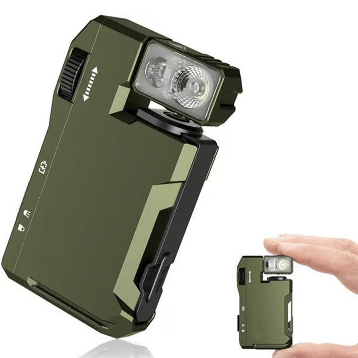 Linterna LED compacta en mano, perfecta para llevar en el bolsillo, aventuras al aire libre y uso diario.