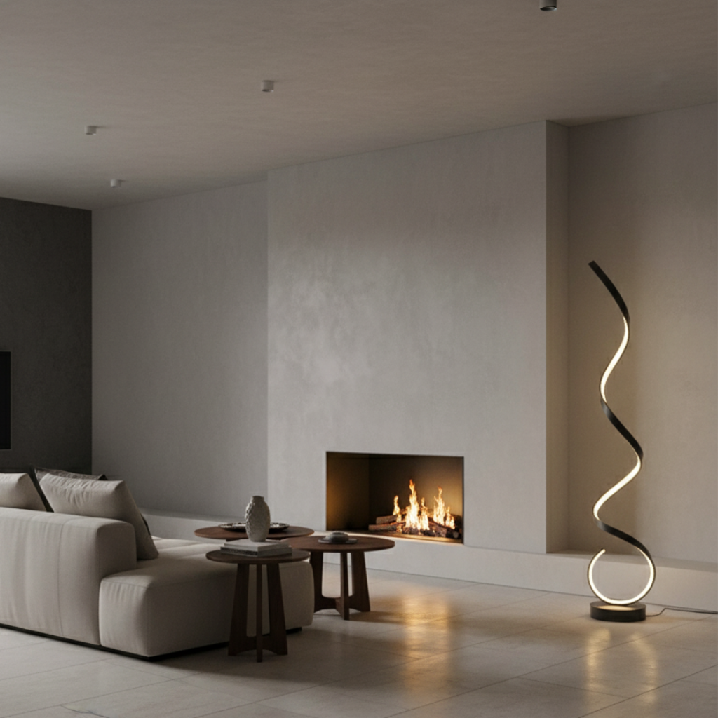 Eficiente lámpara de pie LED espiral, regulable y moderna para decoración del hogar.