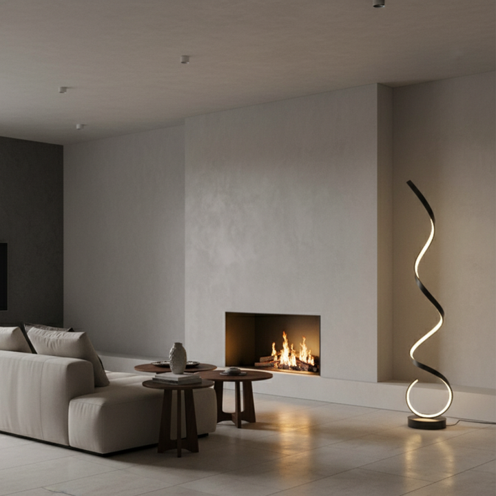 Eficiente lámpara de pie LED espiral, regulable y moderna para decoración del hogar.