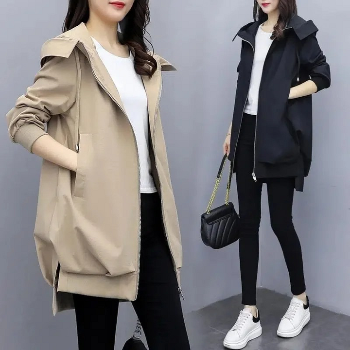 Chaqueta trench relajada para mujer, color clásico, cremallera, ideal para looks casuales.