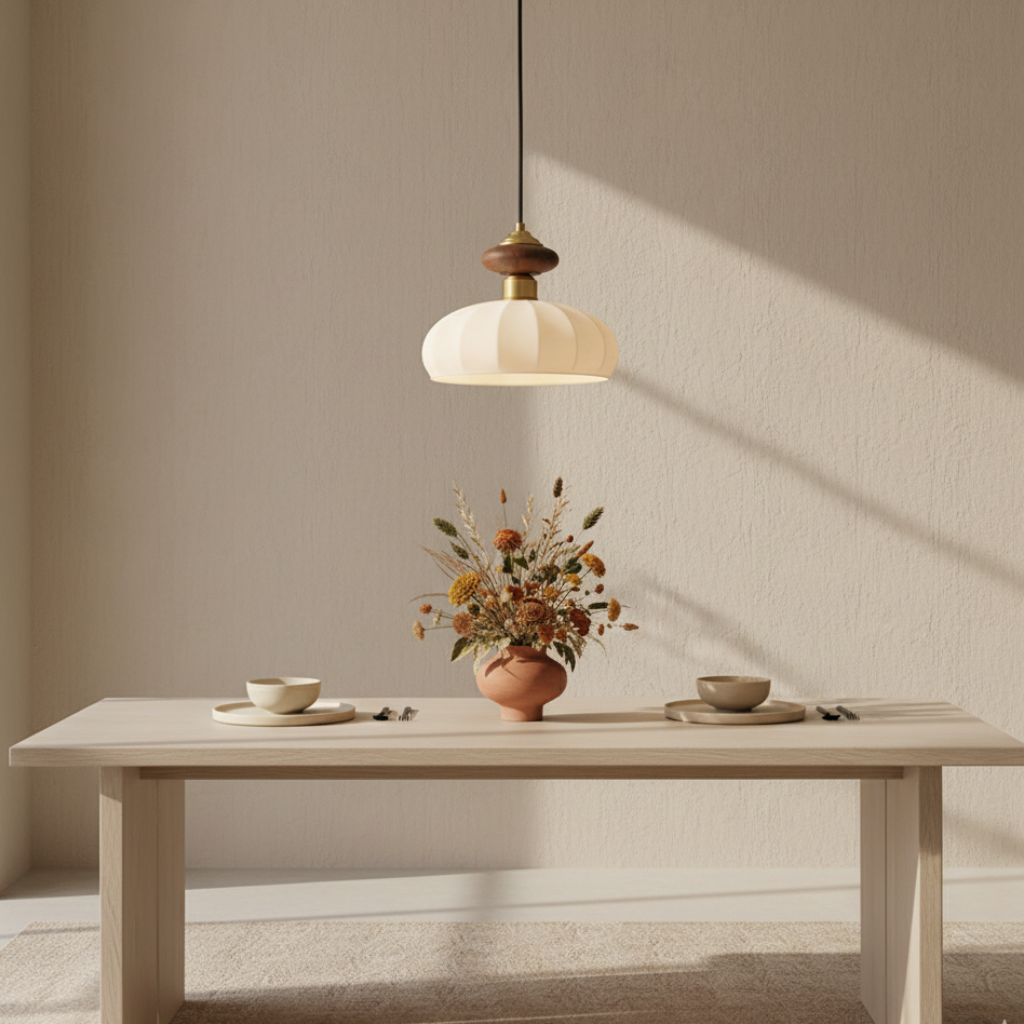 Iluminación decorativa LED: Lámpara colgante Ceres, diseño orgánico con vidrio y madera. Moderna y funcional.
