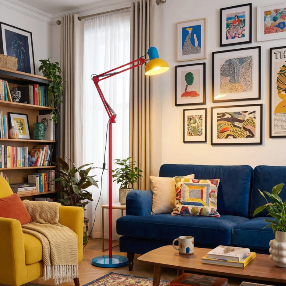 Lámpara de pie moderna y ajustable con colores vibrantes, perfecta para decoración interior.