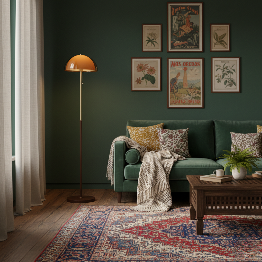 Lámpara de pie moderna-retro con cúpula ámbar, un acento decorativo para cualquier espacio.