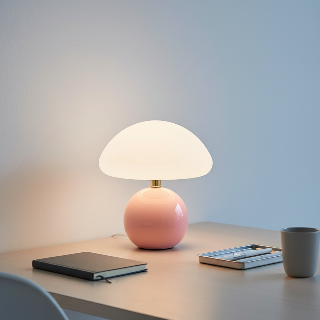 Lámpara hongo LED para dormitorio, luz regulable, crea un ambiente cálido y relajante con estilo moderno.