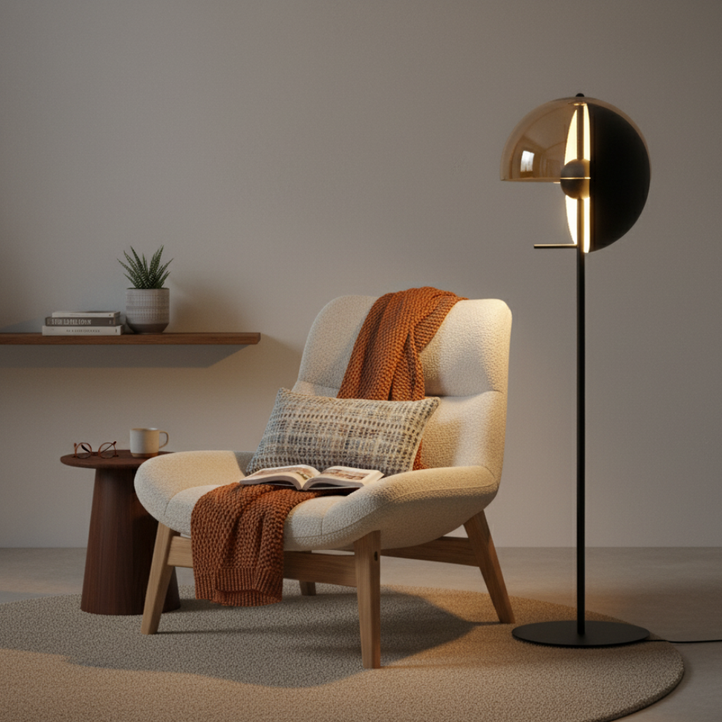Lámpara de cristal para pie de salón. Diseño minimalista que mejora la iluminación interior del hogar.