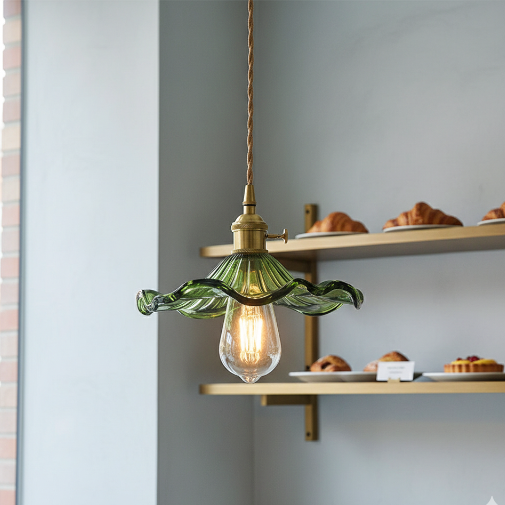 Lámpara de techo con pétalos de vidrio estriado y detalles de latón. Luz ambiental y elegante.