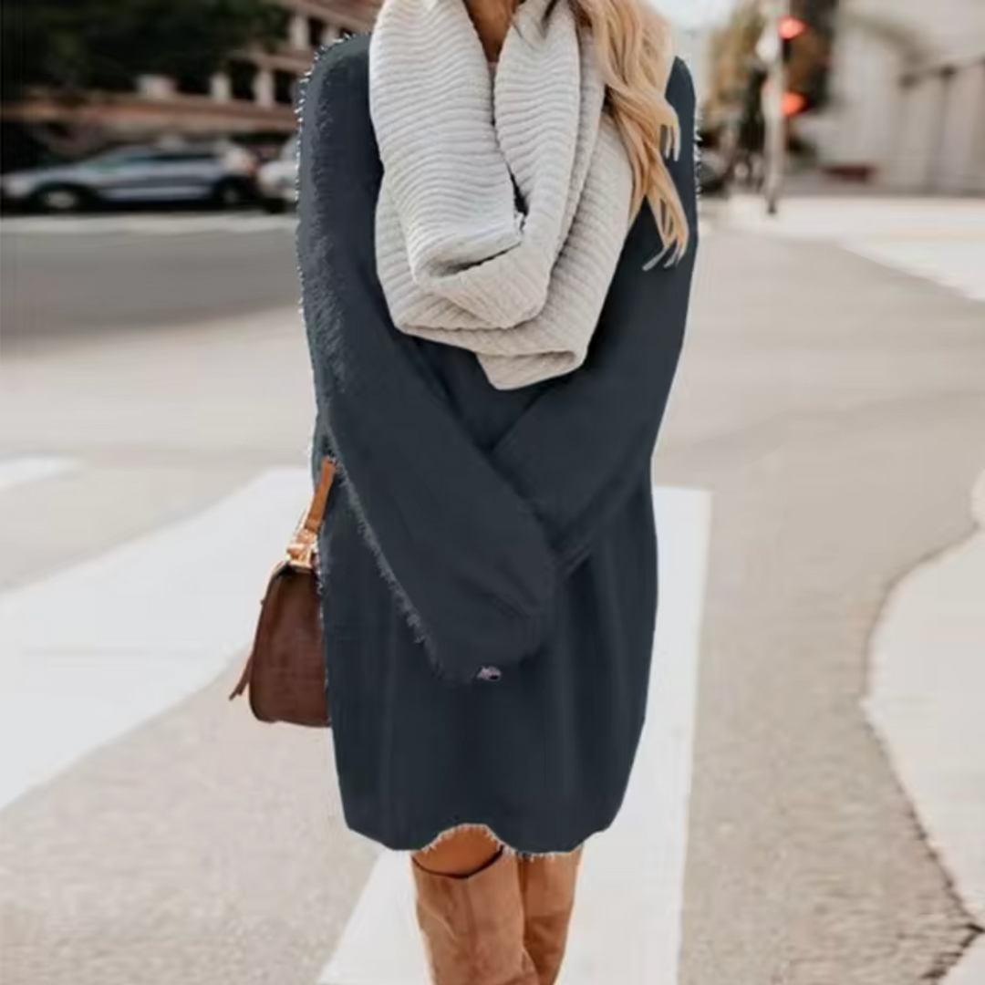 Vestido suéter cómodo para mujer, estilo casual chic. Cuello redondo y mangas largas, perfecto para invierno.