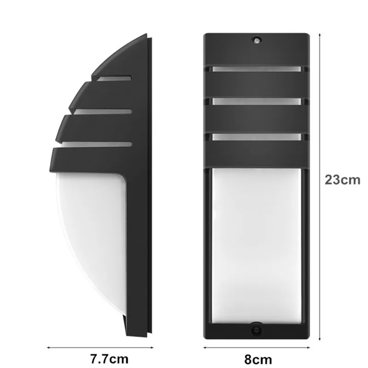 Lámpara de pared LED con sensor para exteriores, diseño minimalista.