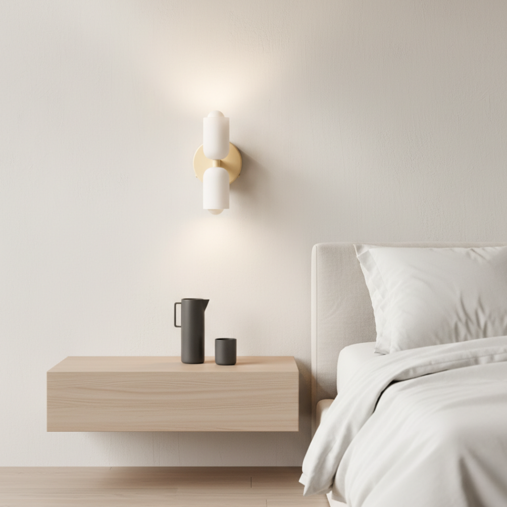 Iluminación interior con aplique de pared doble, estilo contemporáneo elegante.