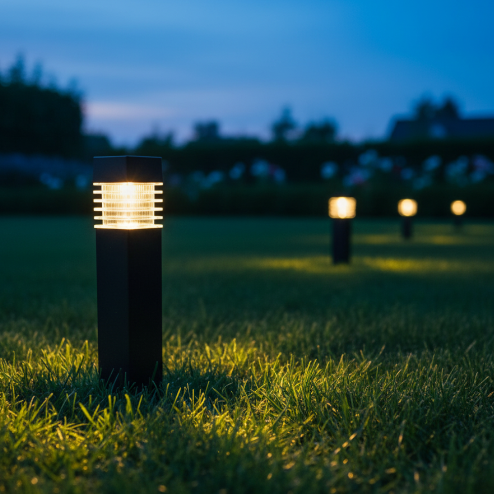 Poste de luz solar LED para sendero. Iluminación eficiente, luz blanca duradera.