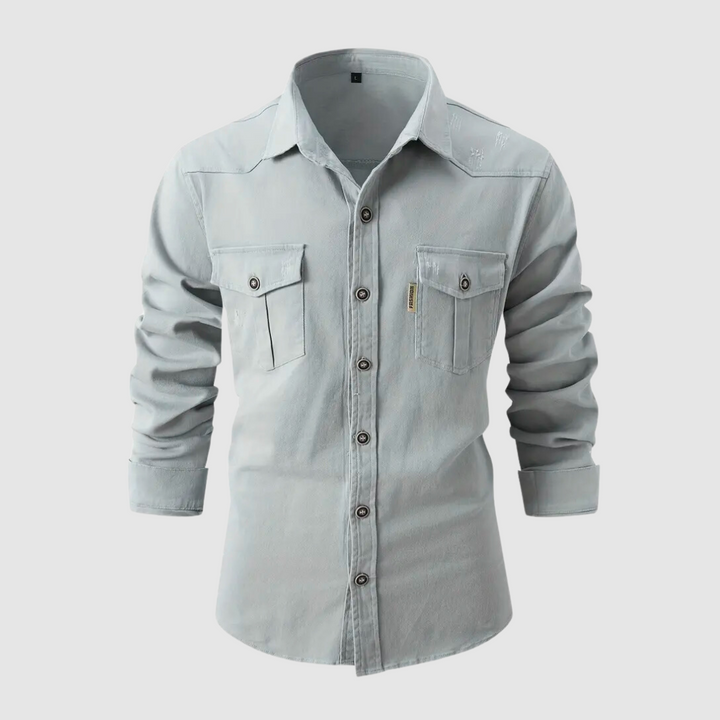 Detalle: Camisa utility de hombre, manga larga, con botones. Versátil para estilo moderno y ropa casual.