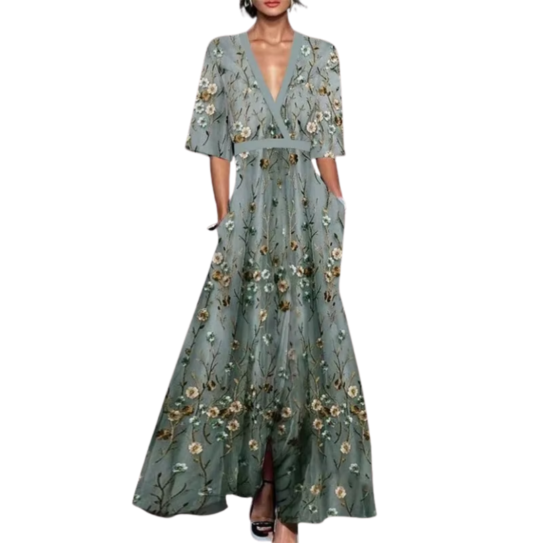 Vestido de mujer floral largo y cómodo, con escote V y cintura elástica, perfecto para días de verano.