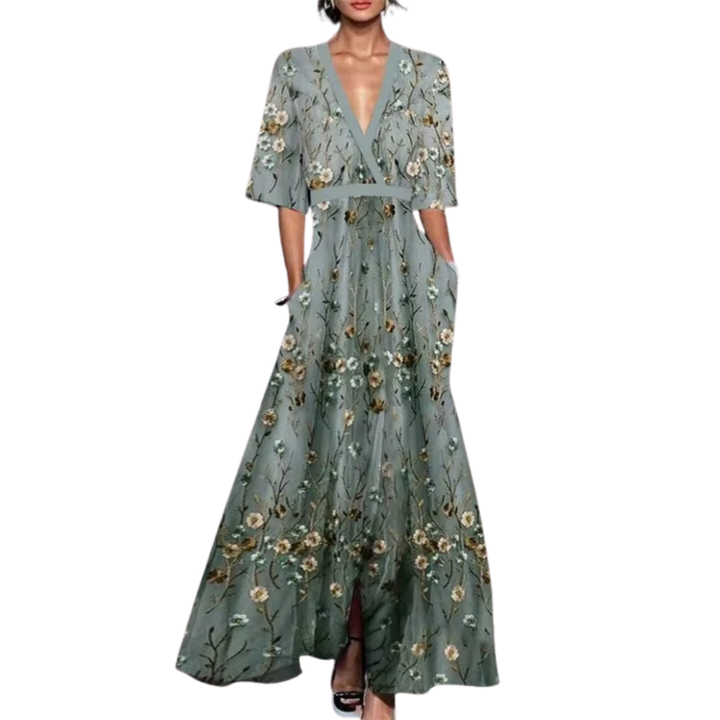 Vestido de mujer floral largo y cómodo, con escote V y cintura elástica, perfecto para días de verano.