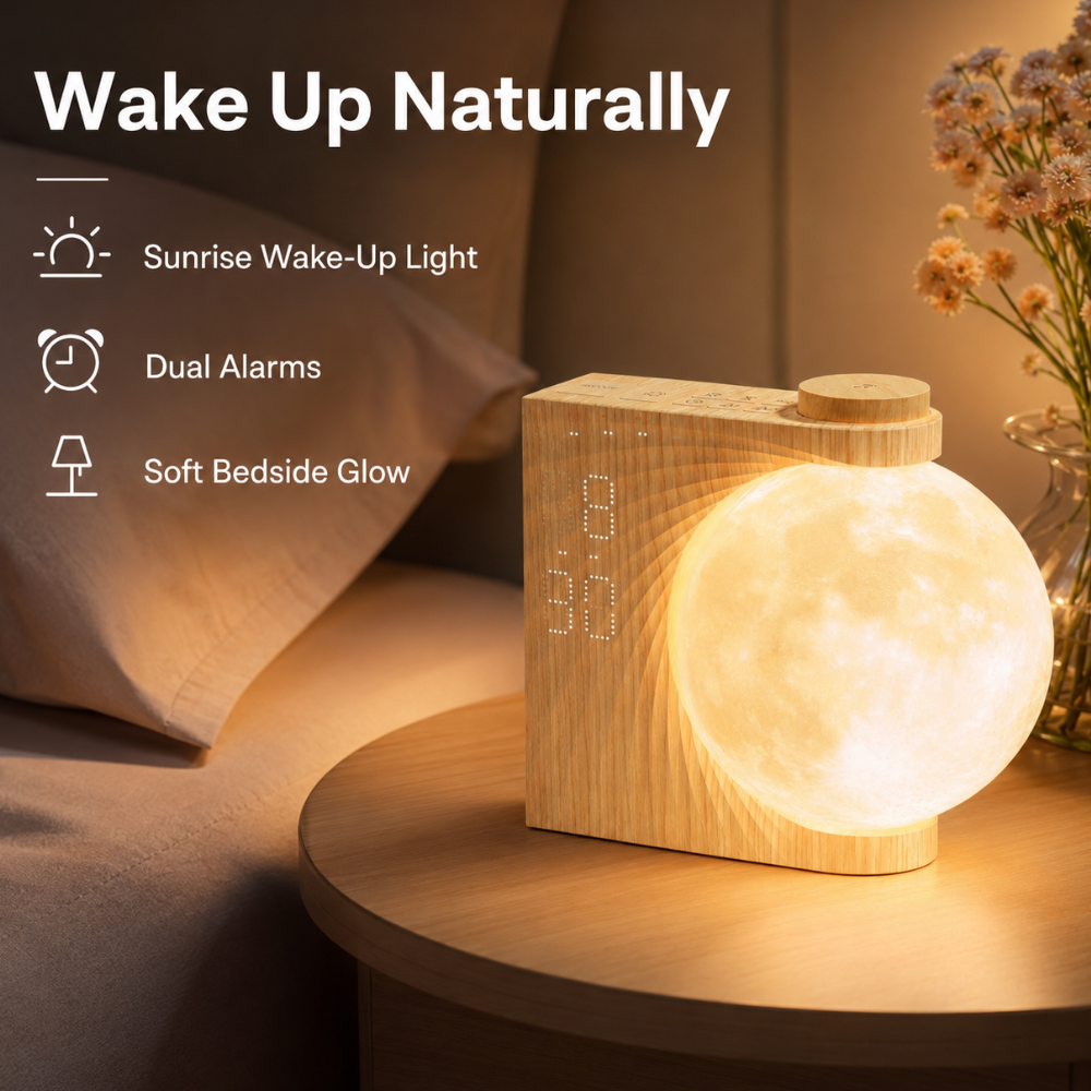 Mejora tu dormitorio con este reloj despertador, luz de amanecer y lámpara de mesita decorativa.