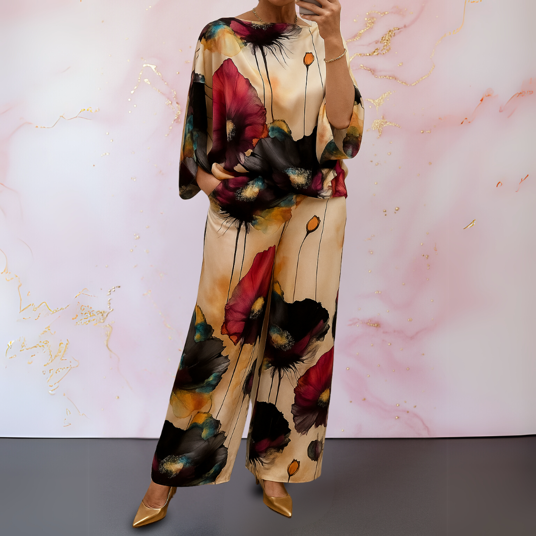 Conjunto de dos piezas de satén para mujer. Top y pantalón holgado. Moda elegante y cómoda para eventos o uso diario.