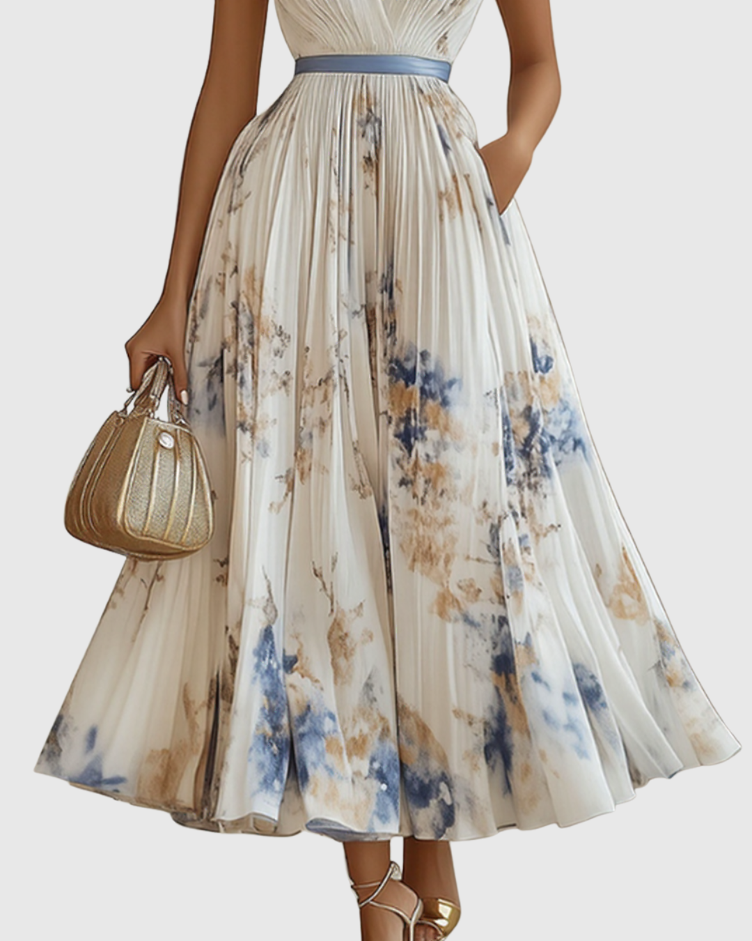 Mujer luciendo vestido maxi plisado elegante, ideal para fiesta, graduación o evento formal.