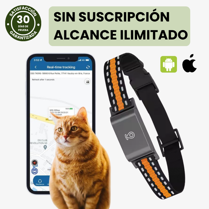 Collar GPS para perros y gatos, rastreo preciso en tiempo real sin suscripción mensual.