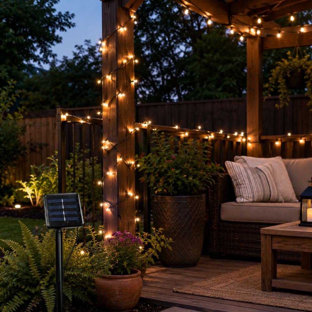 Luces de cadena solares LED cálidas iluminando un patio por la noche. Iluminación mágica exterior.