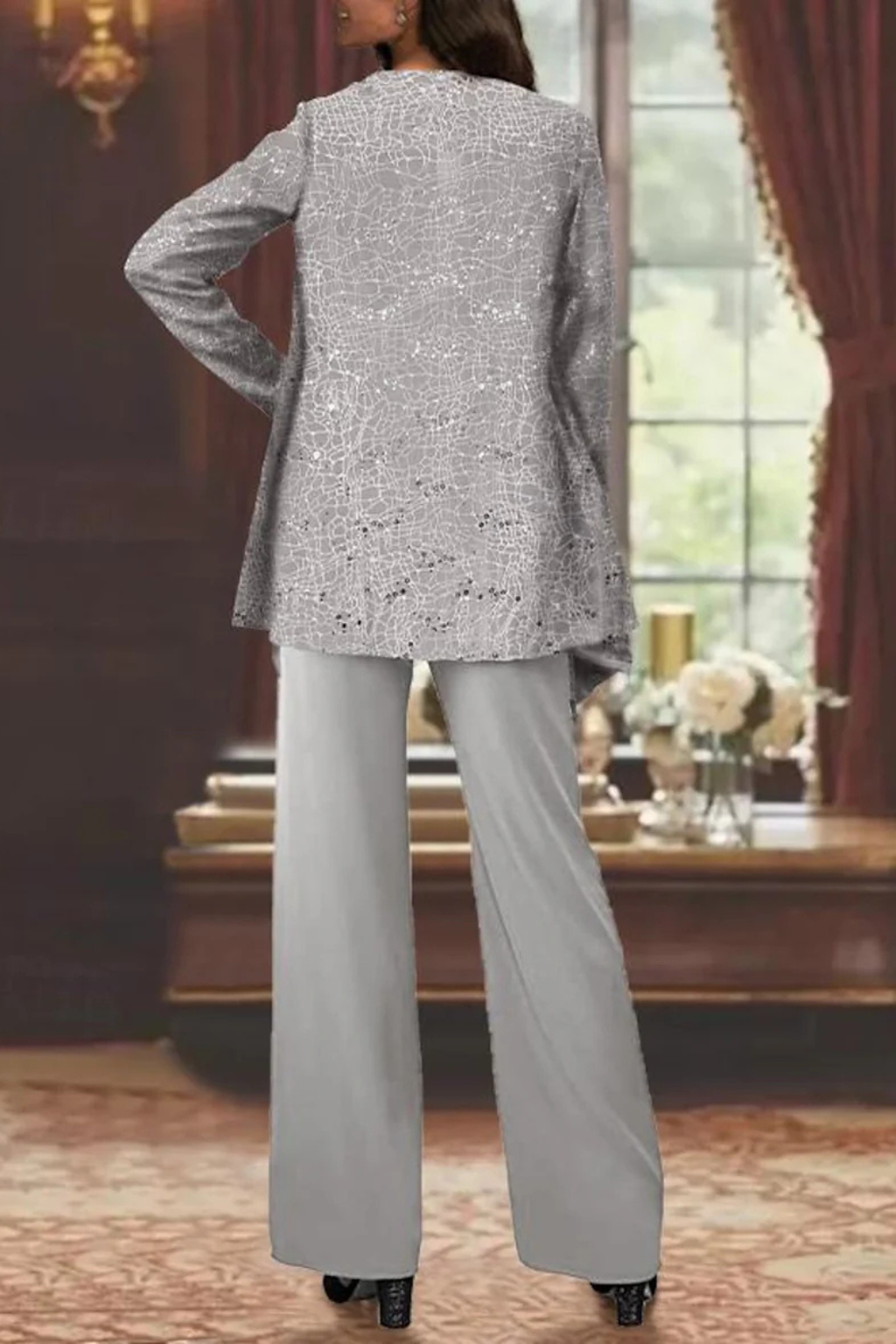 Pantalón de pierna ancha y chaqueta de encaje con brillo, conjunto de fiesta versátil.