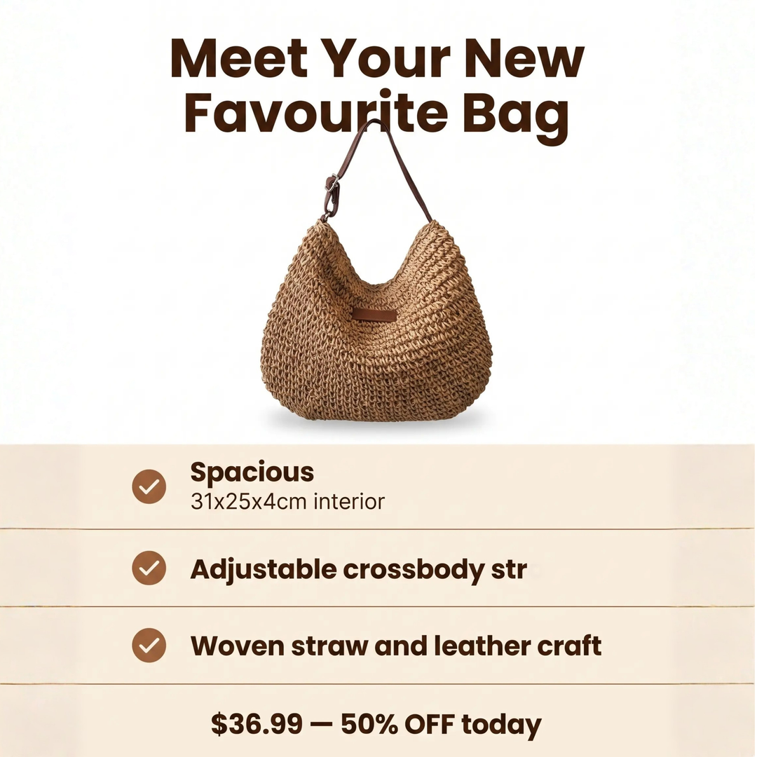 Bolso de hombro bohemio espacioso con acabados en paja y cuero sintético, moda femenina casual.